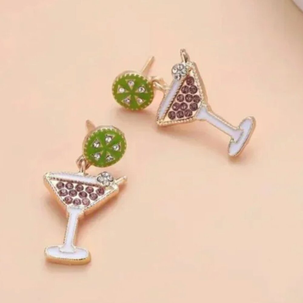 ⭐️❤️FREE Martini Alcohol Rhinestone Drop Lime Fruit Party Bachelorette Earrings